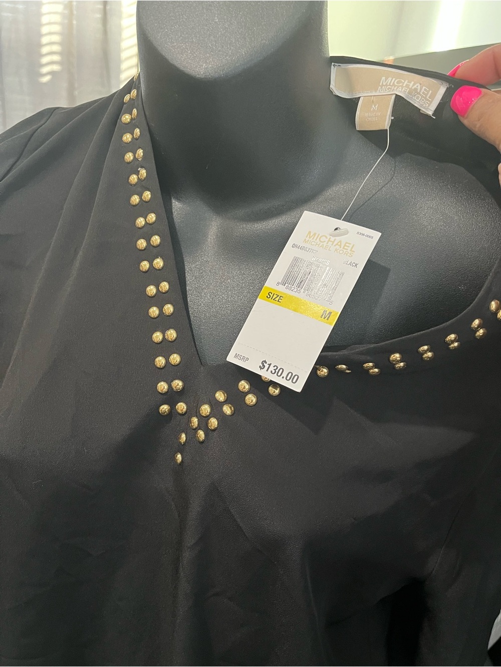 MICHAEL Michael Kors Black V-Neck Top with Gold Stud Accents